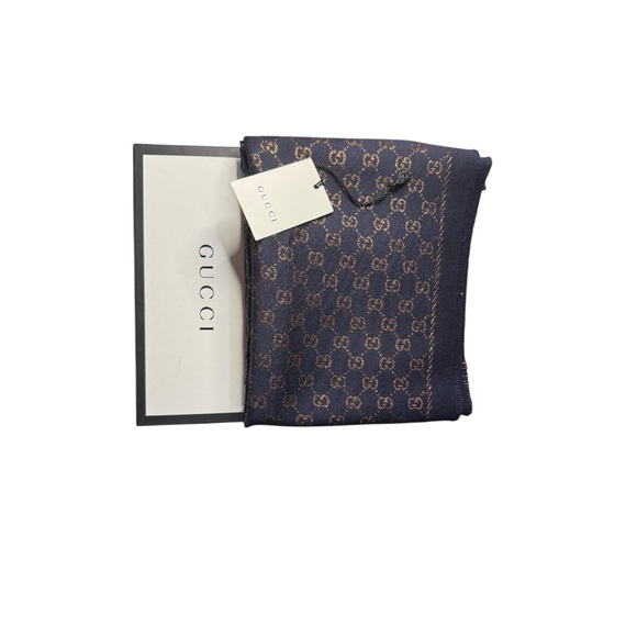 Gucci GG Metallic Wool Silk Scarf Navy Bronze 40x180 NWT - Picture 4 of 10